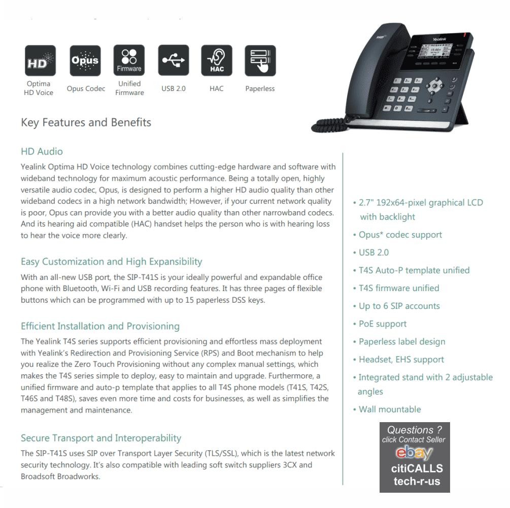 Yealink T41S IP Desk Phone 6 SIP Accounts 2.7″ LCD Display PoE Ready Workhorse
