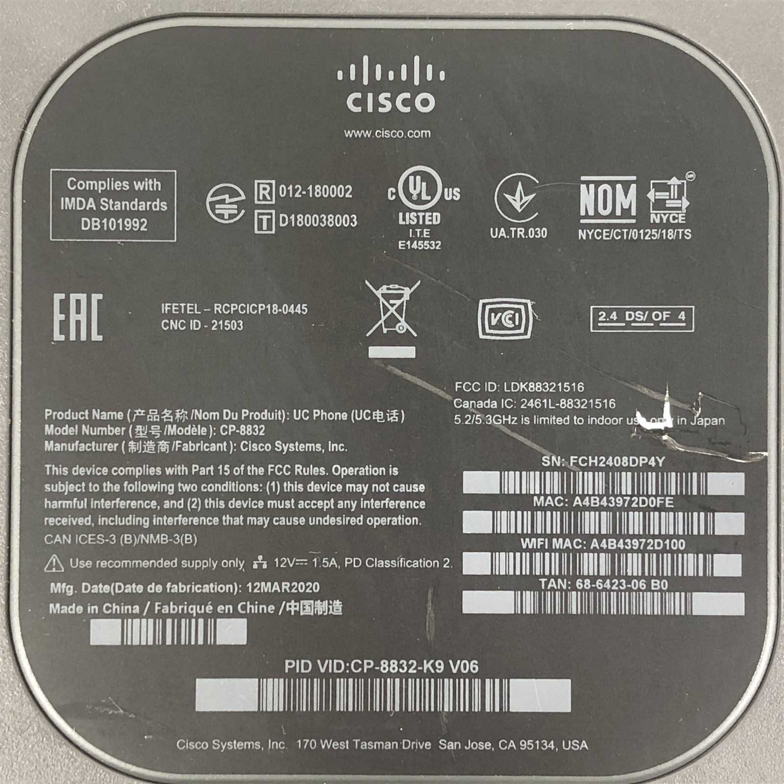 Lot of 2 Cisco CP-8832-K9 IP Conference Phone w/ PoE Injector