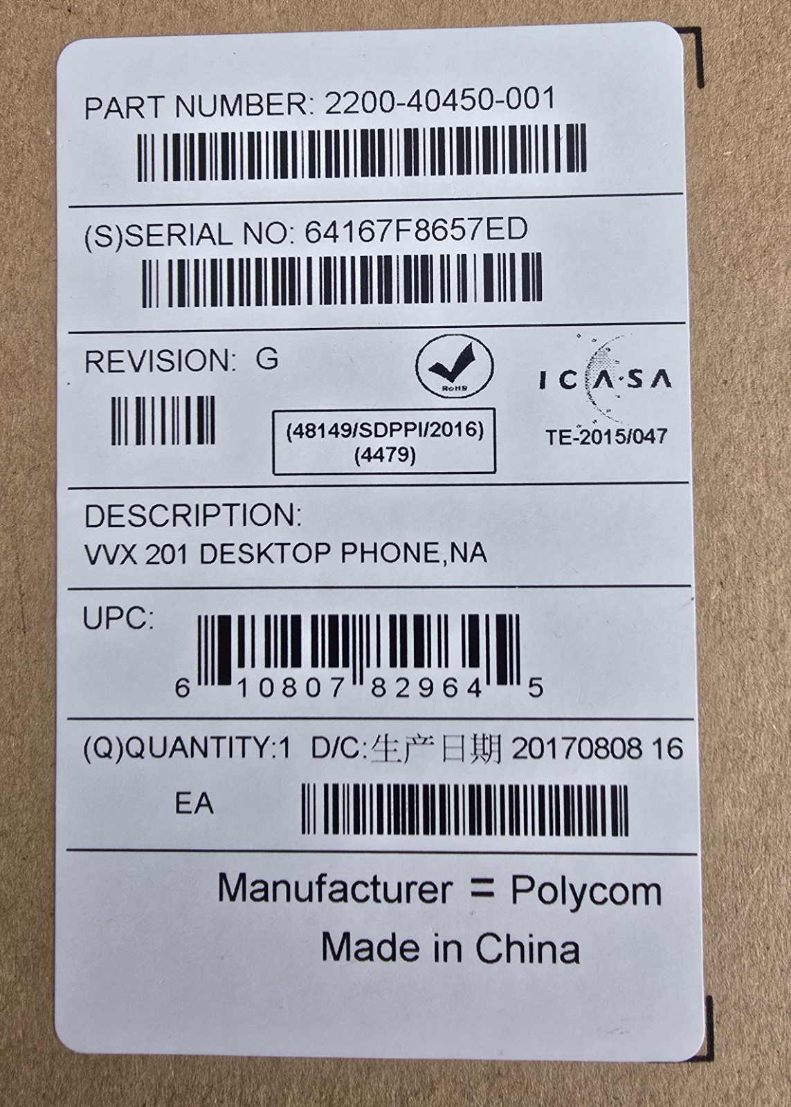 Polycom VVX 201 Line IP Phone (2200-40450-001) New In Box