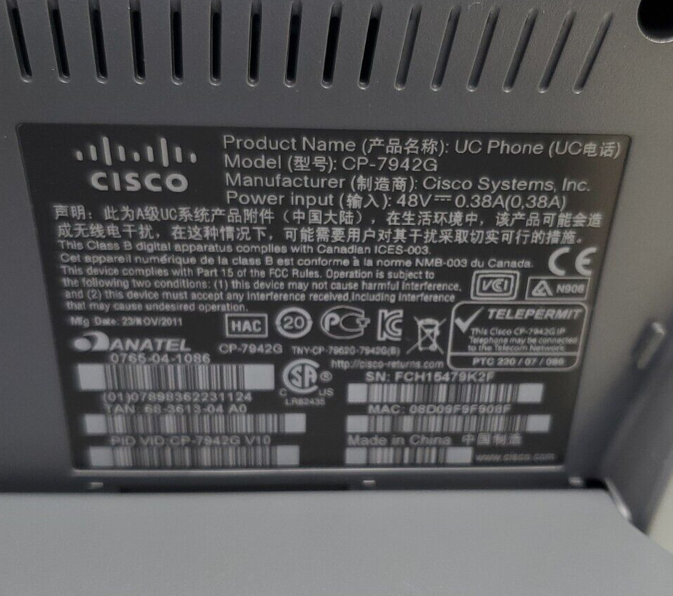 Cisco 7942G 7900 Series Unified IP Phone CP-7942G part number 68-3613-04