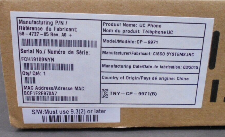 Cisco Model: CP-9971 UC Phone 68-4727-05 Rev. A0 +