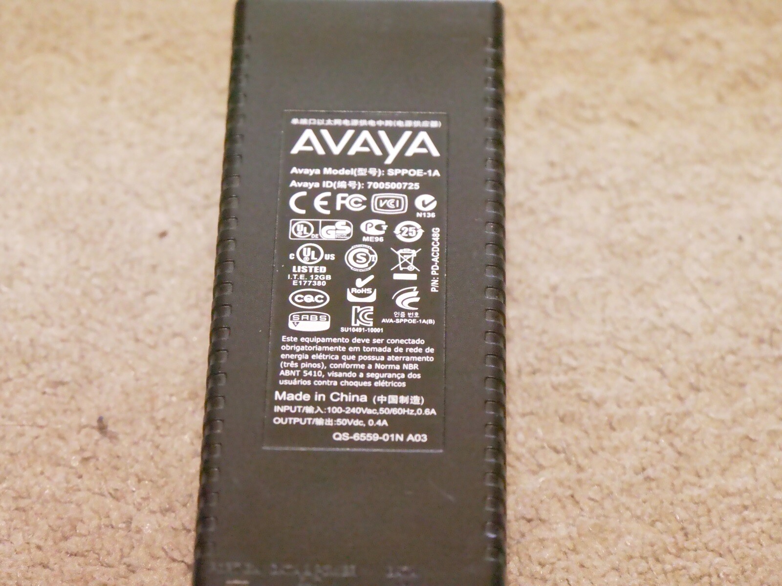 Avaya SPPOE-1A VoIP Phone Single Port PoE Power Injector Adapter
