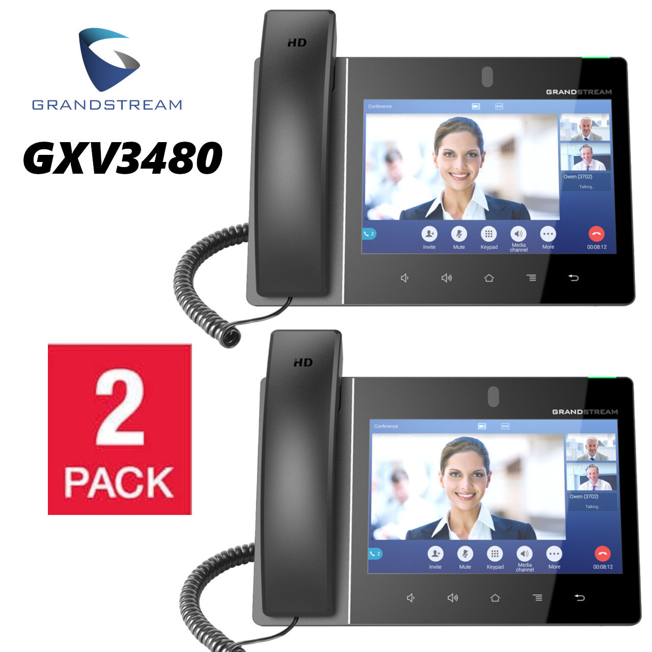 2 Pack Grandstream GXV3480 8″ LCD Touchscreen Deskphone w/ 2MP Camera Android 11