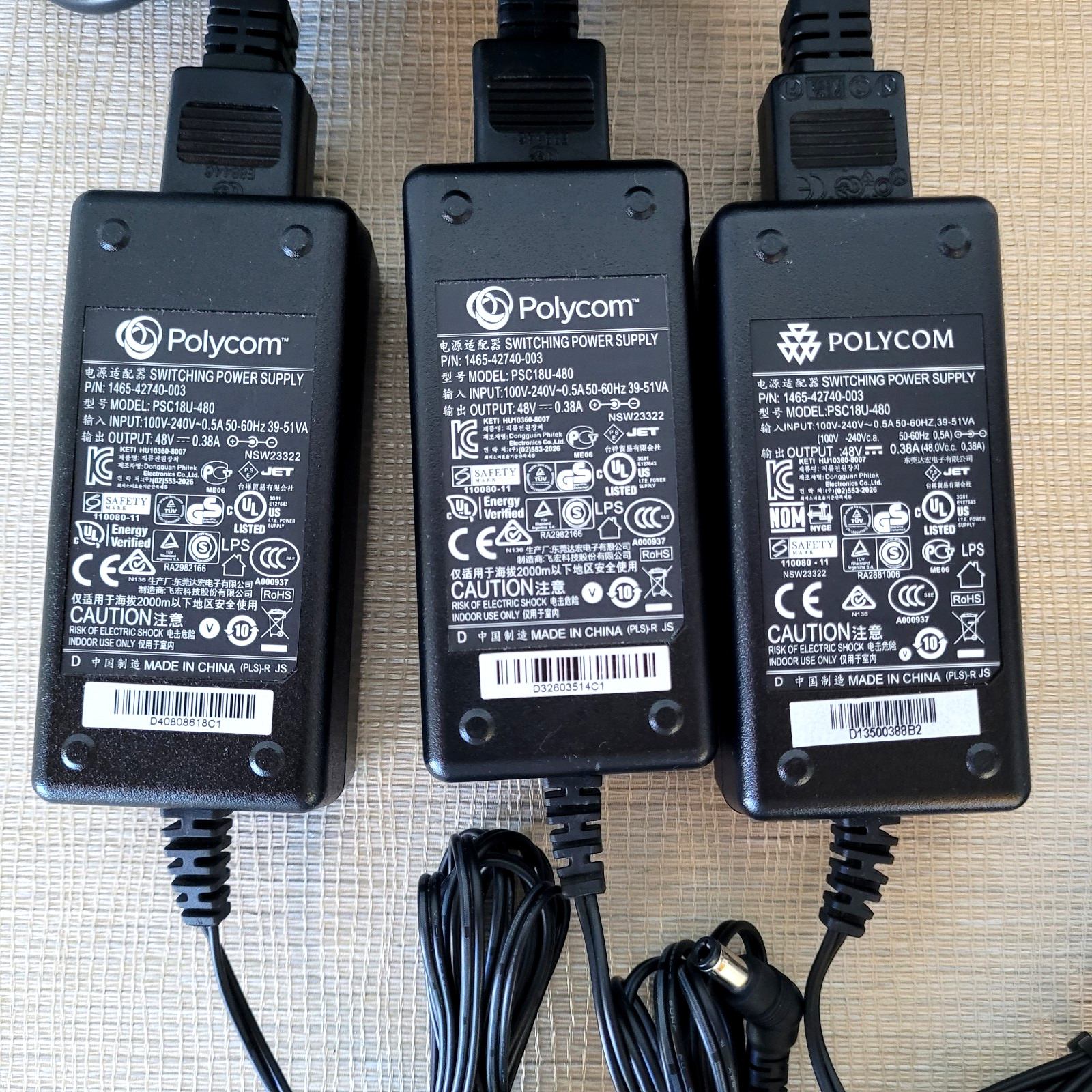 3 Polycom PSC18U-480 VOIP IP Phone AC Adapter 48V 0.38A w/Power Cord