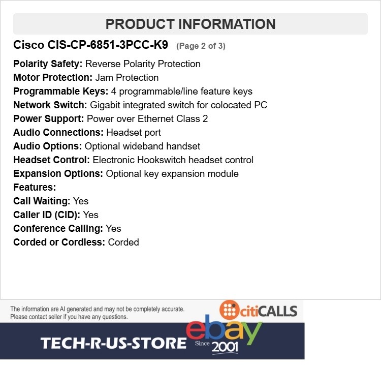 Cisco CIS-CP-6851-3PCC-K9 IP Phone 6851 4-Line GigE Display Phone for MPP