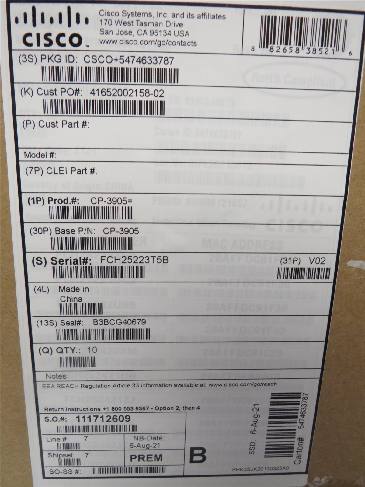 New Sealed Lot of 10 Cisco Unified CP-3905 UC Standard Headset SIP Phone