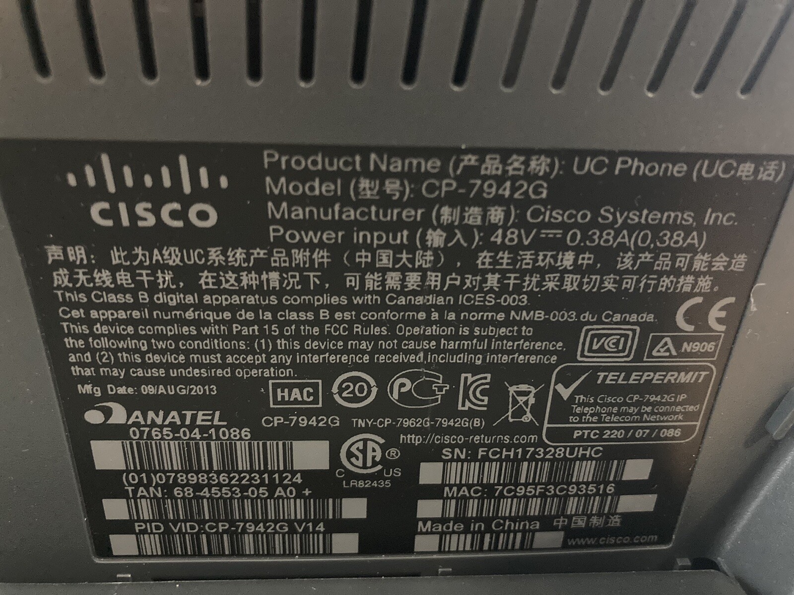 Cisco CP-7942G Unified IP VoIP Business Office Phone with Base and Handset