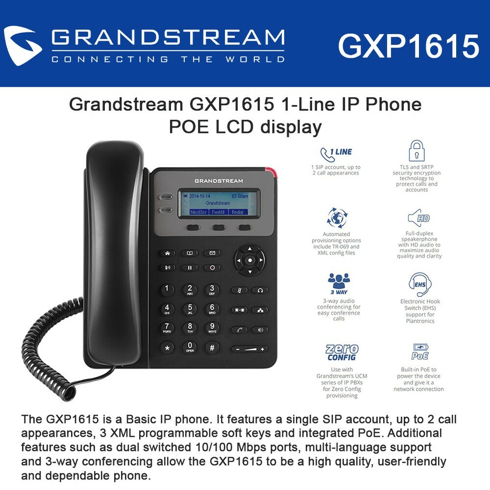 New – Grandstream GXP1615 Small Business Single line IP Phone PoE