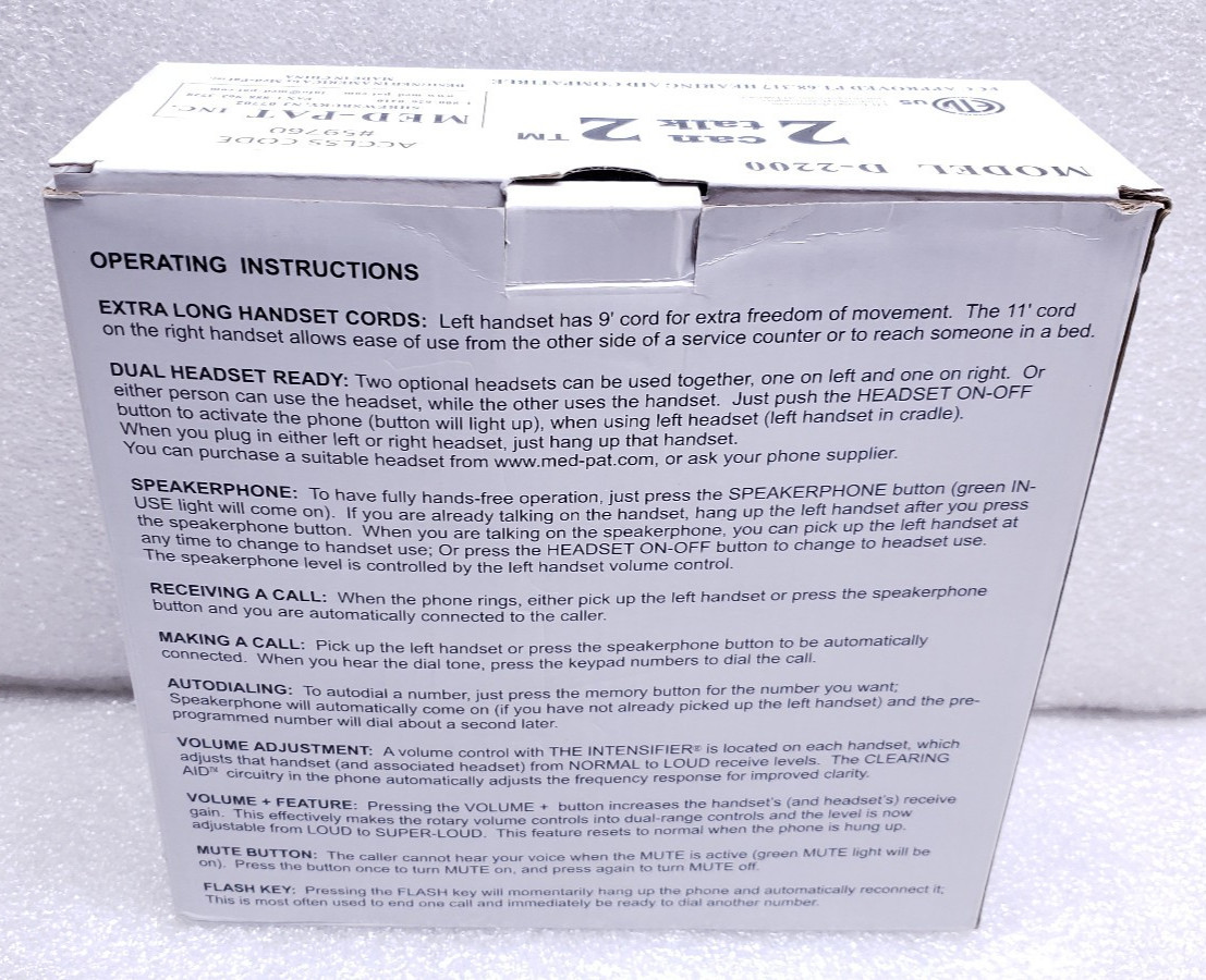 Med-Pat – D2200-2 Can Talk 2 Telephone – Euro Style Twin Handset Telephone #99