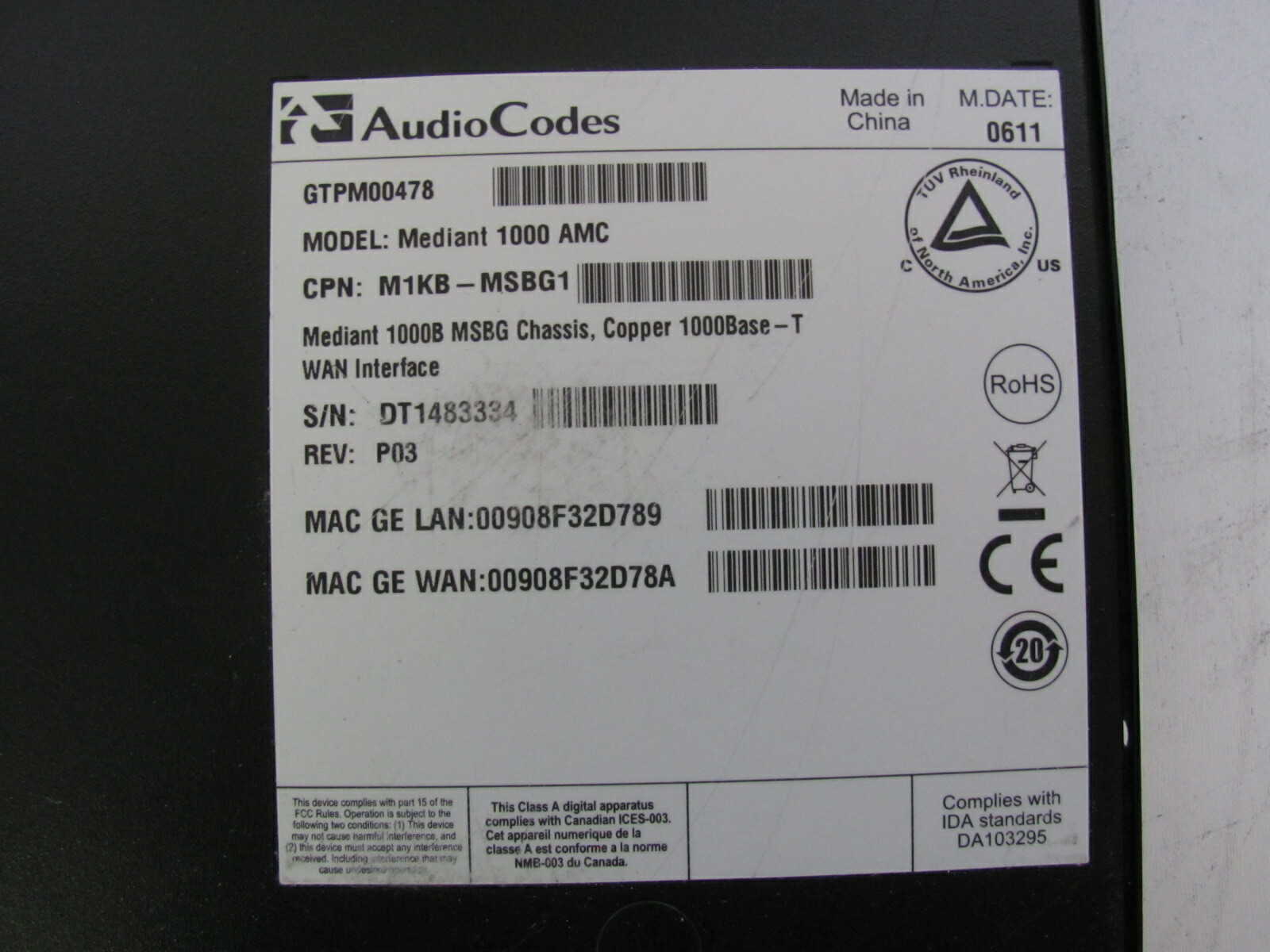 AudioCodes Mediant 1000B Single Span Dual Power 1000 AMC M1KB-MSBG1 FASU00624 x8