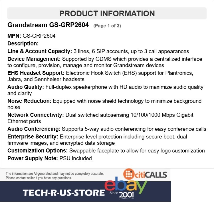 Grandstream GS-GRP2604 3-Line Essential IP Phone 6 SIP Accounts 10 BLF Keys