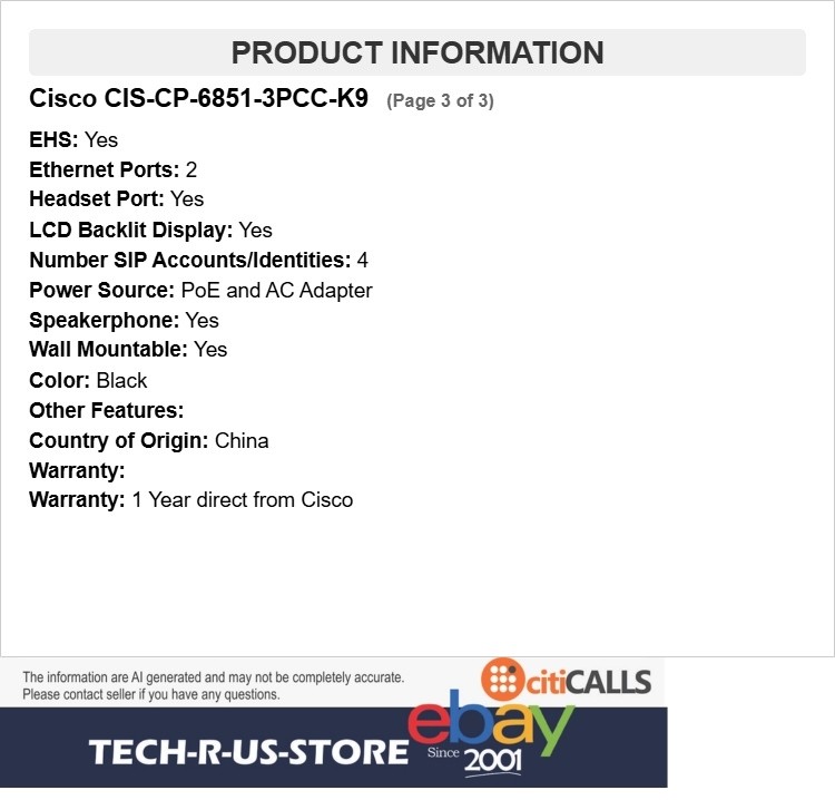Cisco CIS-CP-6851-3PCC-K9 IP Phone 6851 4-Line GigE Display Phone for MPP