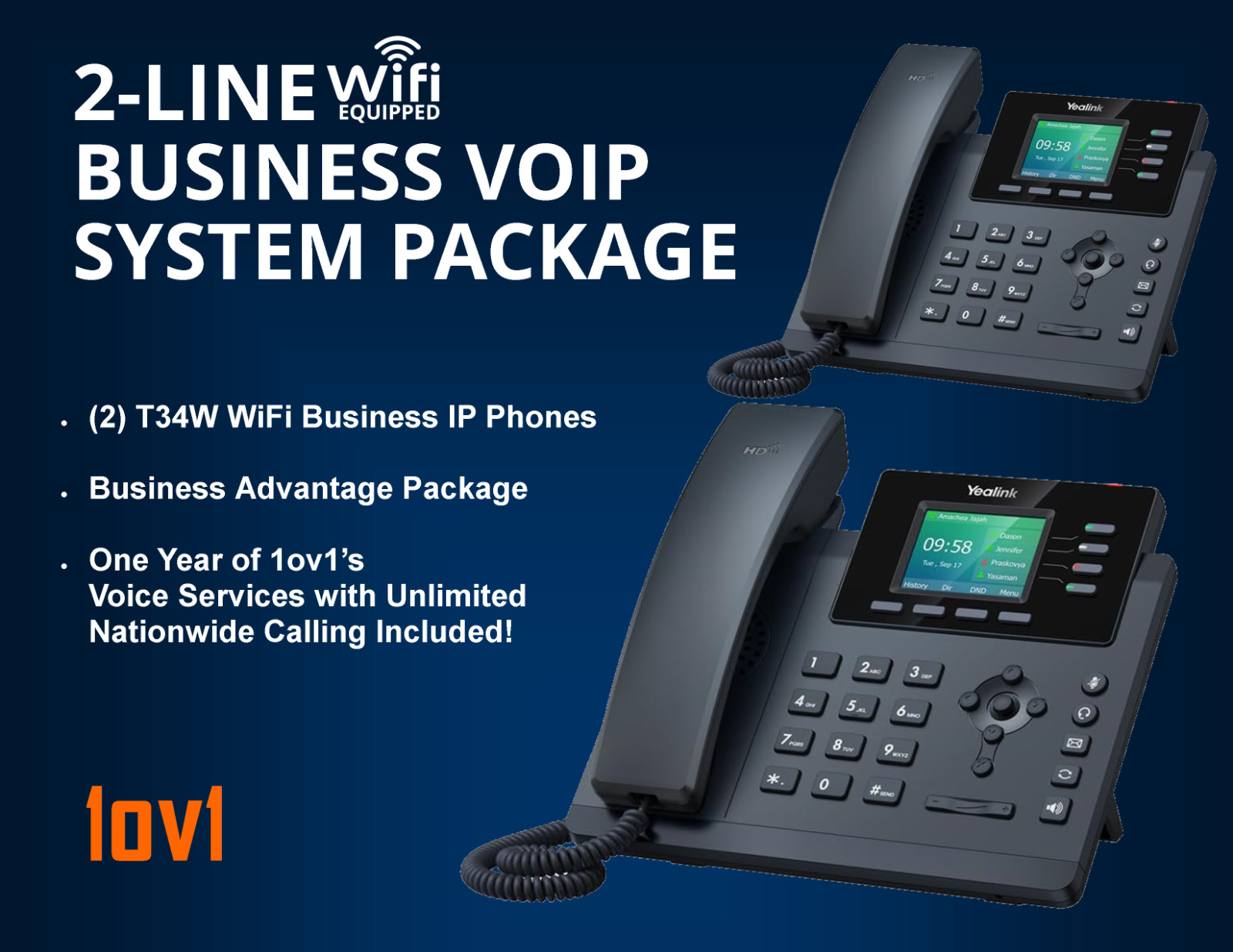 2 Line Yealink T34W WiFi Office Phone System &1-Year 1ov1 Business Voice Service