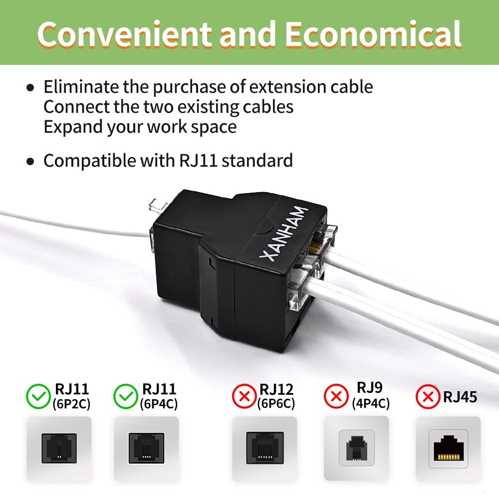 Telephone Cable 2 Way Splitter(3 Pack) RJ11 6P4C Phone Line Cord Adapter with 3