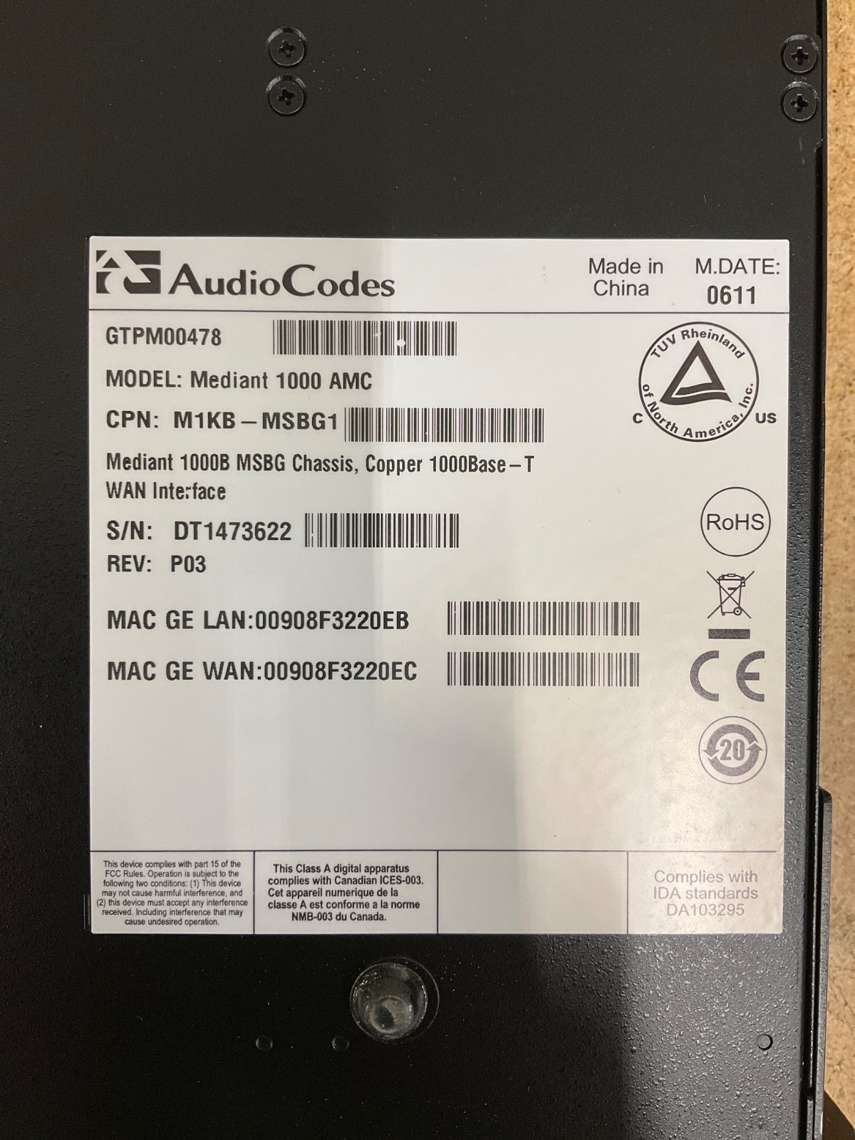 AudioCodes Mediant 1000 AMC (GTPM00478) Enterprise Media Console