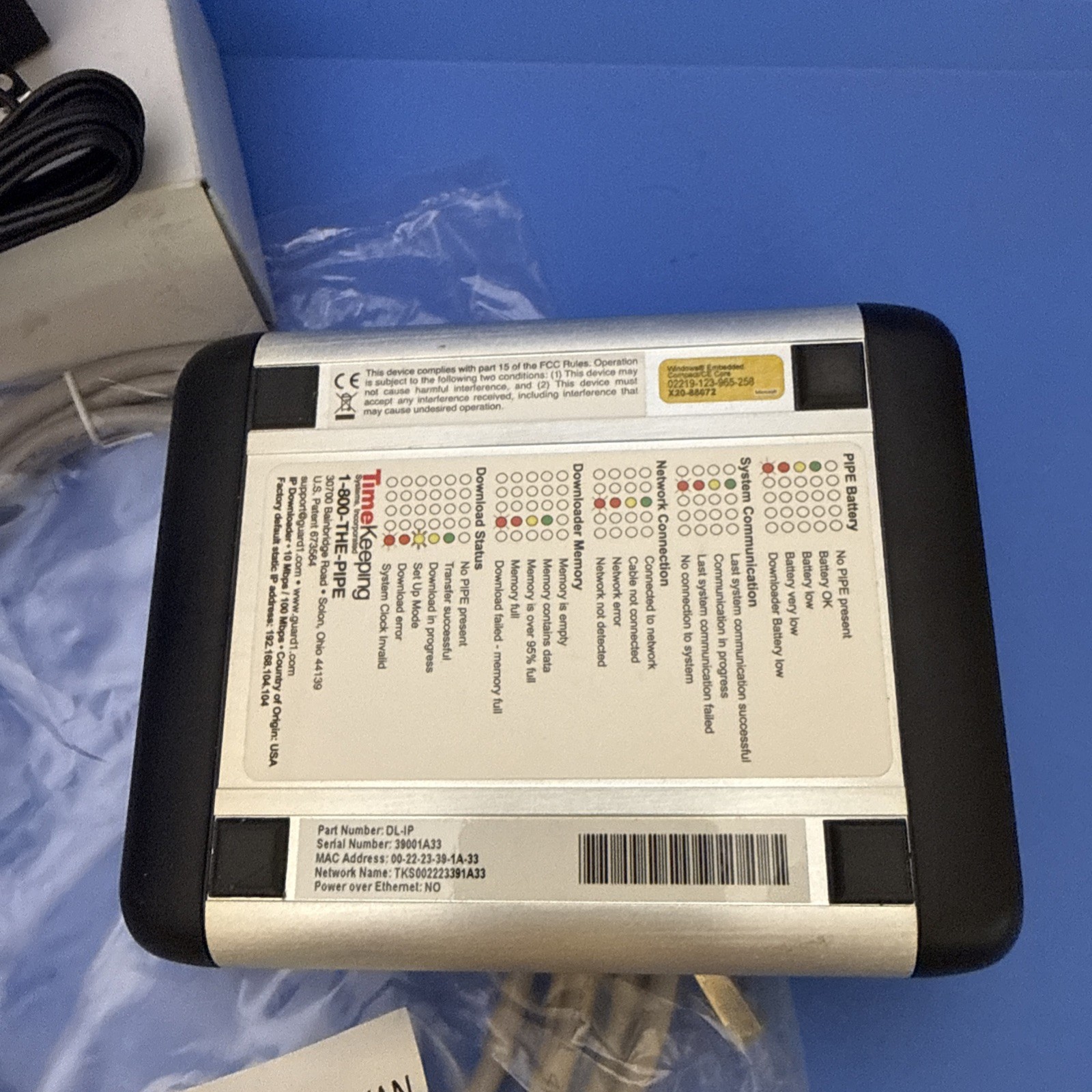 IP DOWNLOADER TIME KEEPING SYSTEMS INCORPORATED DL-IP NEW WITH POWER SUPPLY
