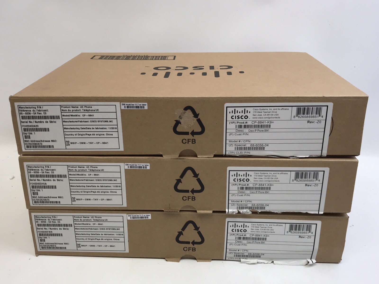 Lot of 3 Cisco CP-8841 -K9 VoIP IP Business Office Phones w/ Display, OEM Box