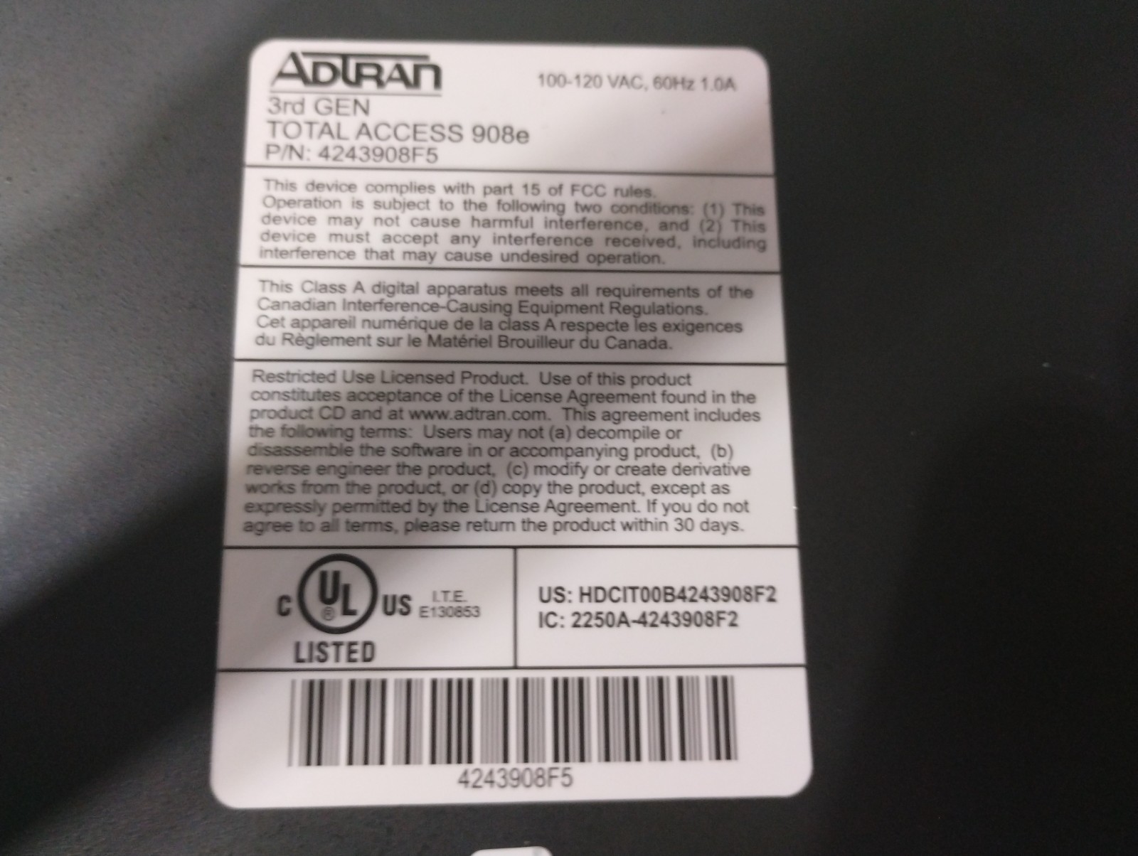 Adtran 908e 4243908F5 3rd Gen Total Access 900e Business VoIP Gateway