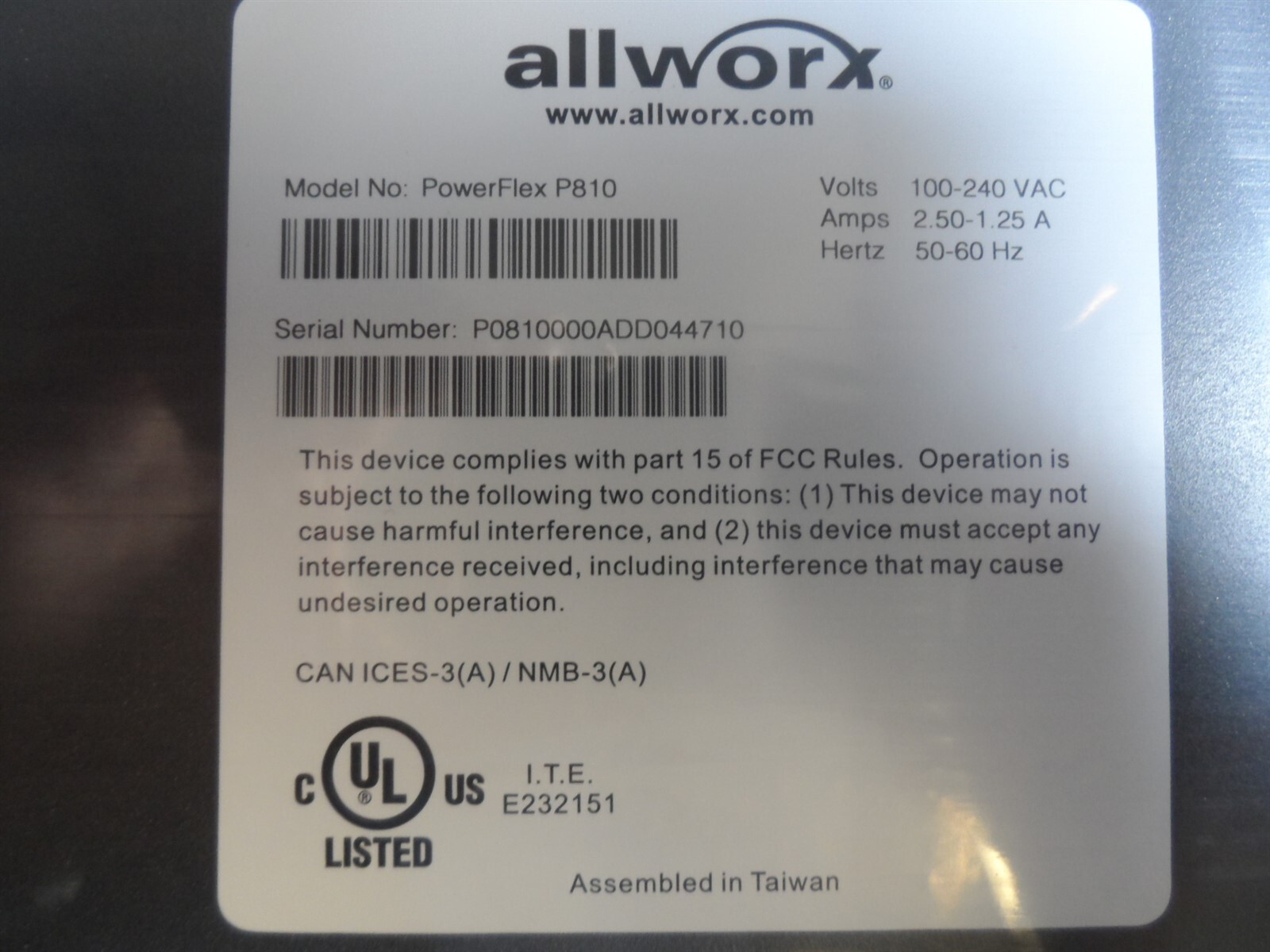 Allworx PowerFlex P810 8-Port PoE Gigabit Switch Rack mounts, Power Cord, Serial