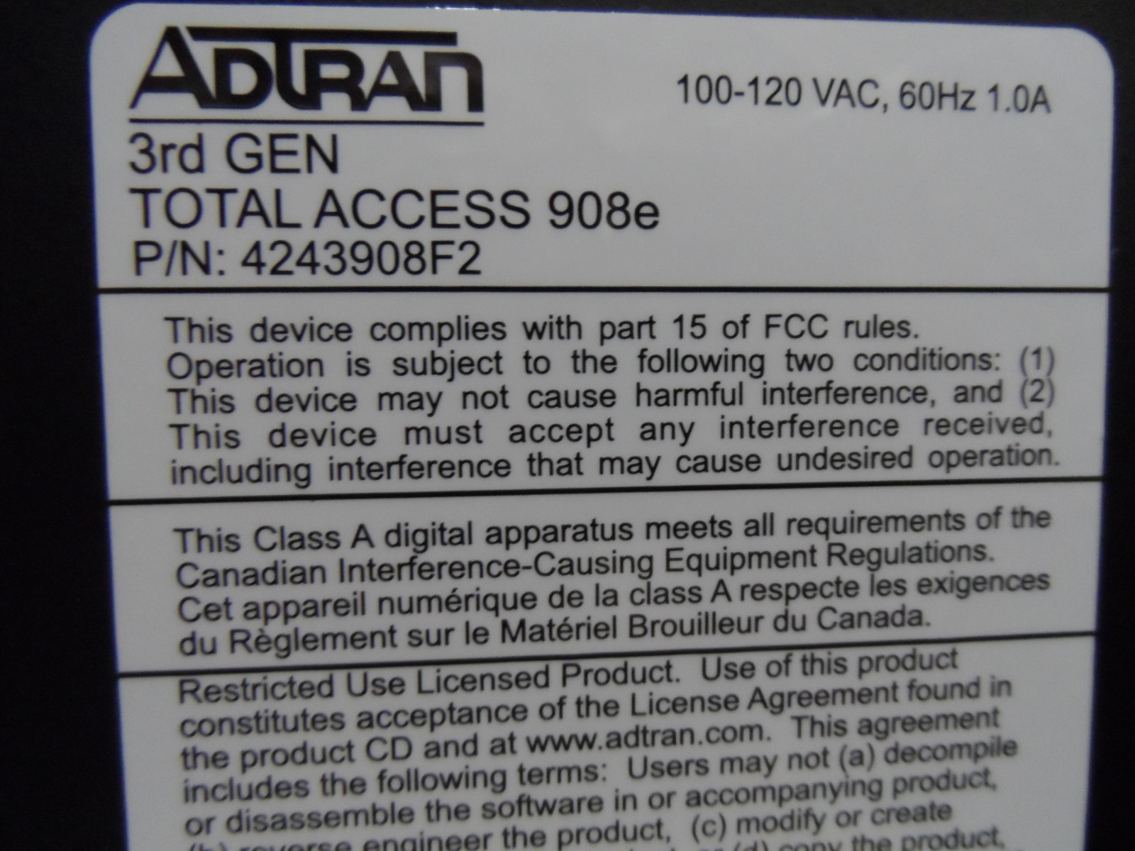 Adtran Total Access TA 908E 3rd Gen FXO 4243908F2 Lifeline Qty Avail Warrnt IAD
