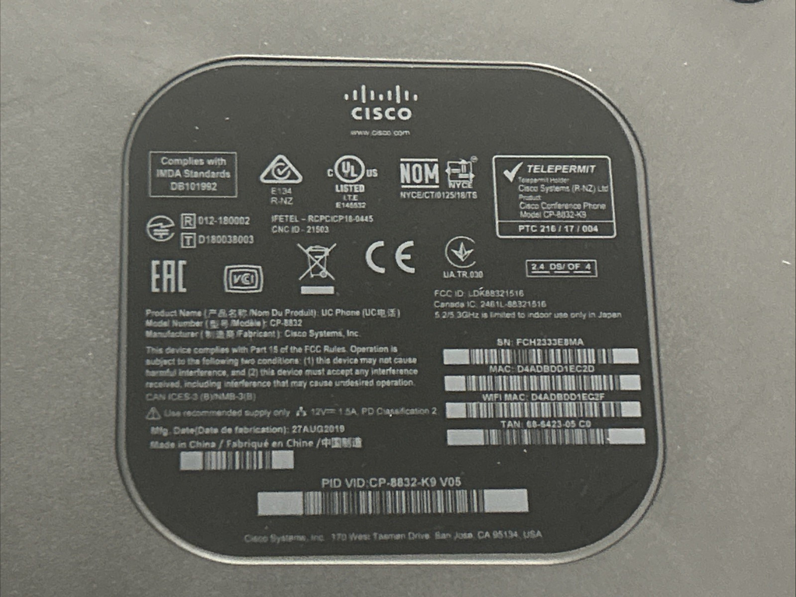 Cisco 8832 IP Conference Phone with Power AC, and 2 wired michrophone