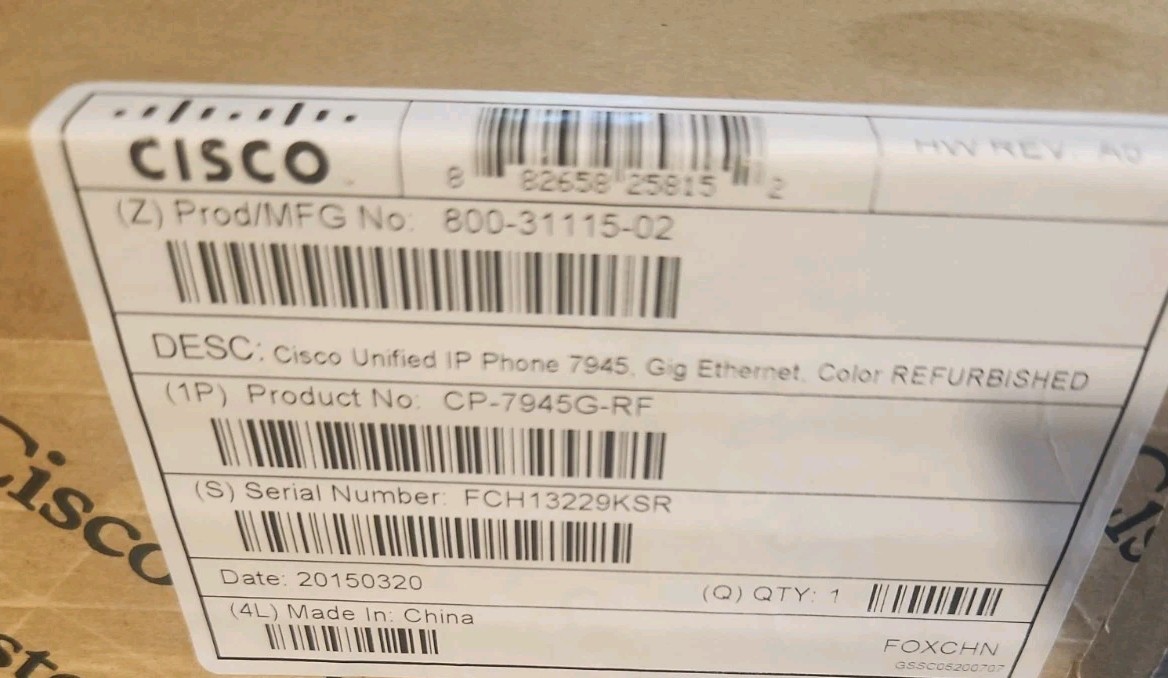 Cisco 7945G IP Phone – 2 Lines – Gig Ethernet – Color factory in box