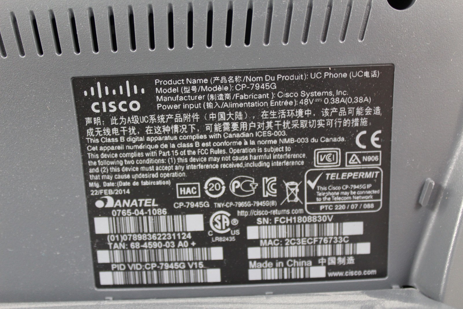 Lot of 4 Cisco 7945G CP-7945G Unified IP VoIP Phones Used