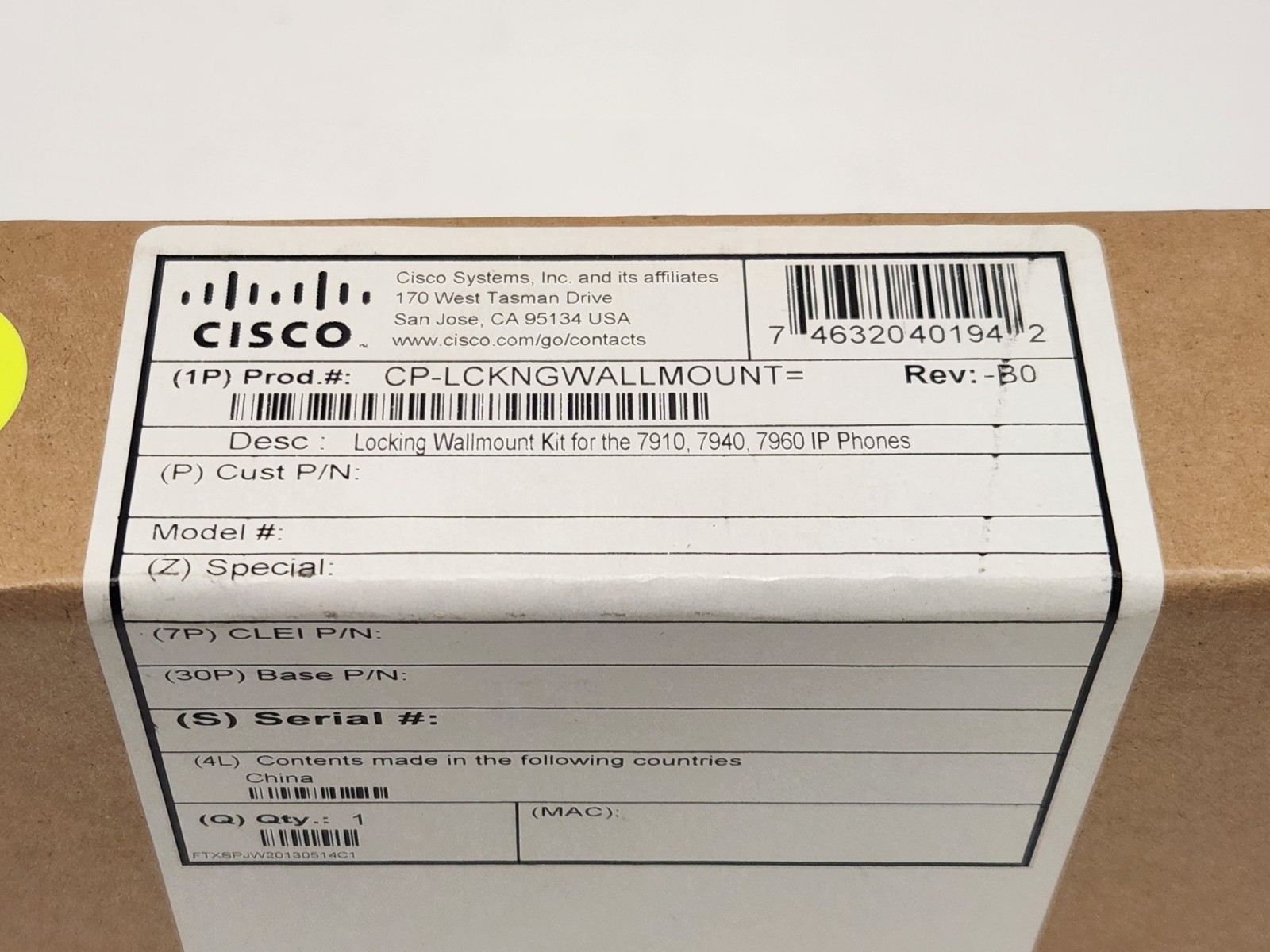 Cisco CP-LCKNGWALLMOUNT Locking Wall Mount Kit