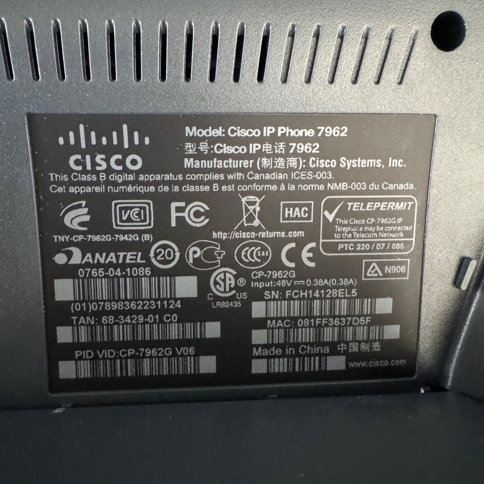 Cisco CP-7962G Unified IP VoIP Office Business Phone w/ Handset & Stand