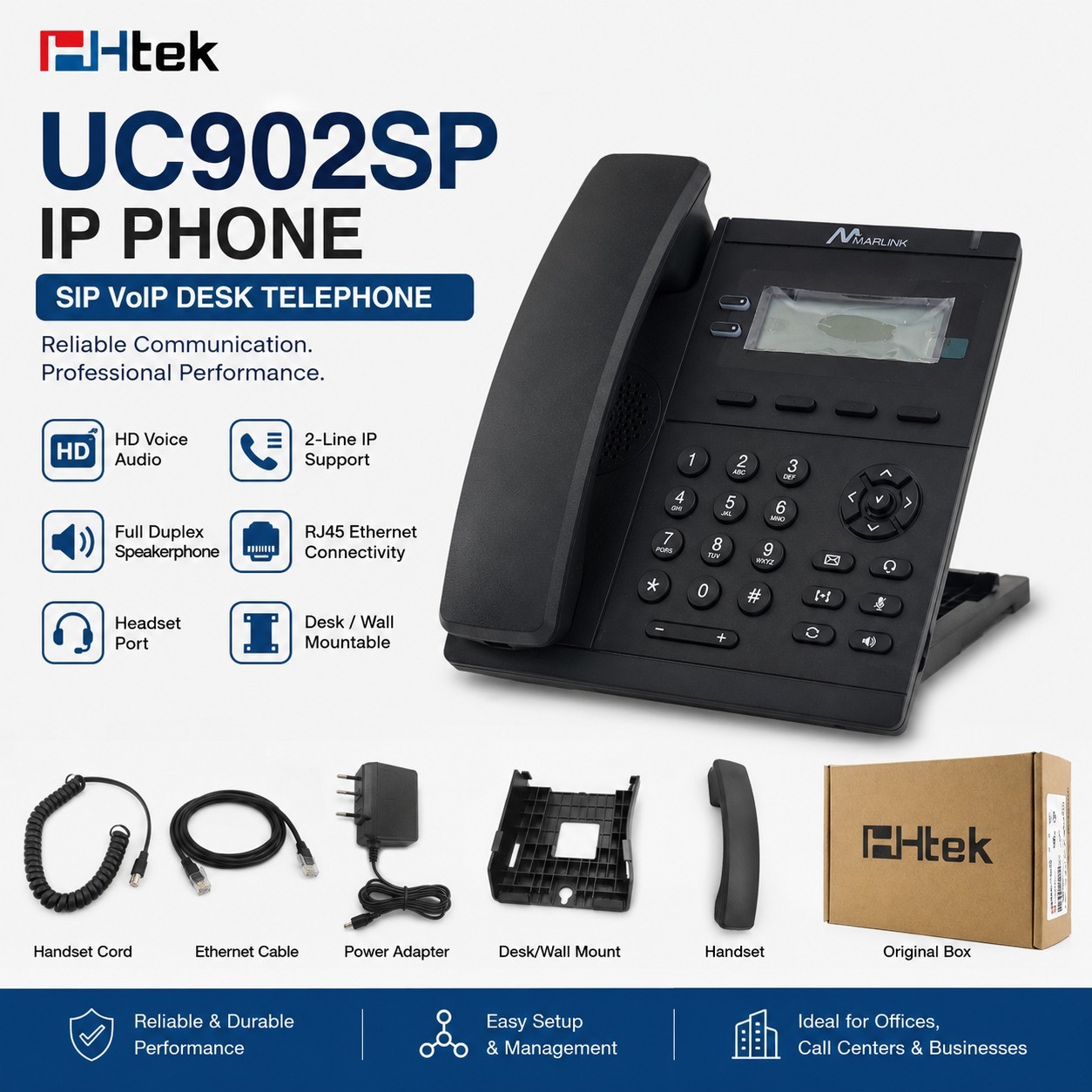 Htek UC902SP IP Phone VoIP Desk Telephone with Handset PSU & Mount