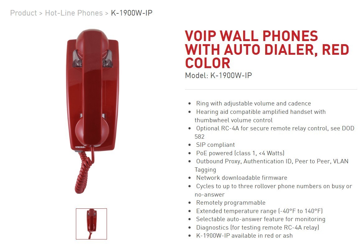 Viking K-1900W-IP VoIP Wall Phone with Auto Dialer (Red)