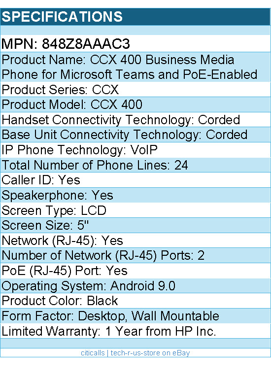 HP Poly 848Z8AAAC3 CCX 400 IP Phone – Corded – Desktop, Wall Mountable