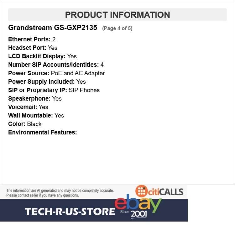 Grandstream GS-GXP2135 High Performance IP Phone 8 Lines Color LCD Dual GigE