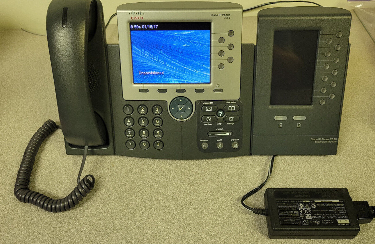 Cisco CP-7965G IP Phone with CP-7916 Expansion Module, stand, & power brick