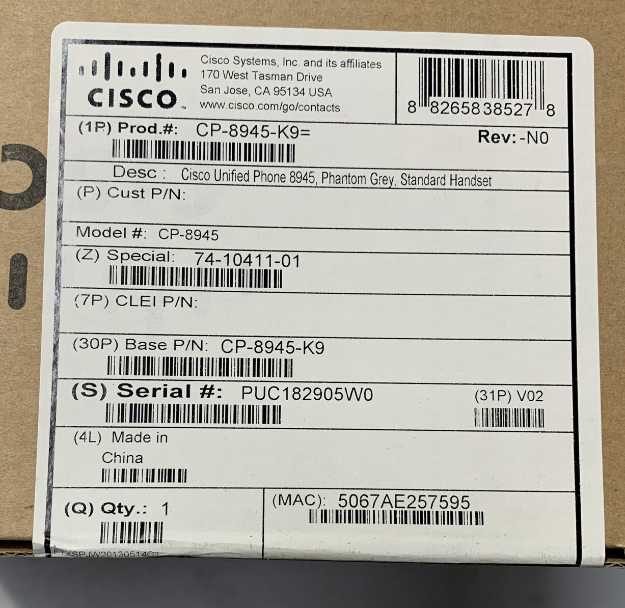 Cisco Unified Phone Phantom Grey Standard Handset | CP-8945-K9