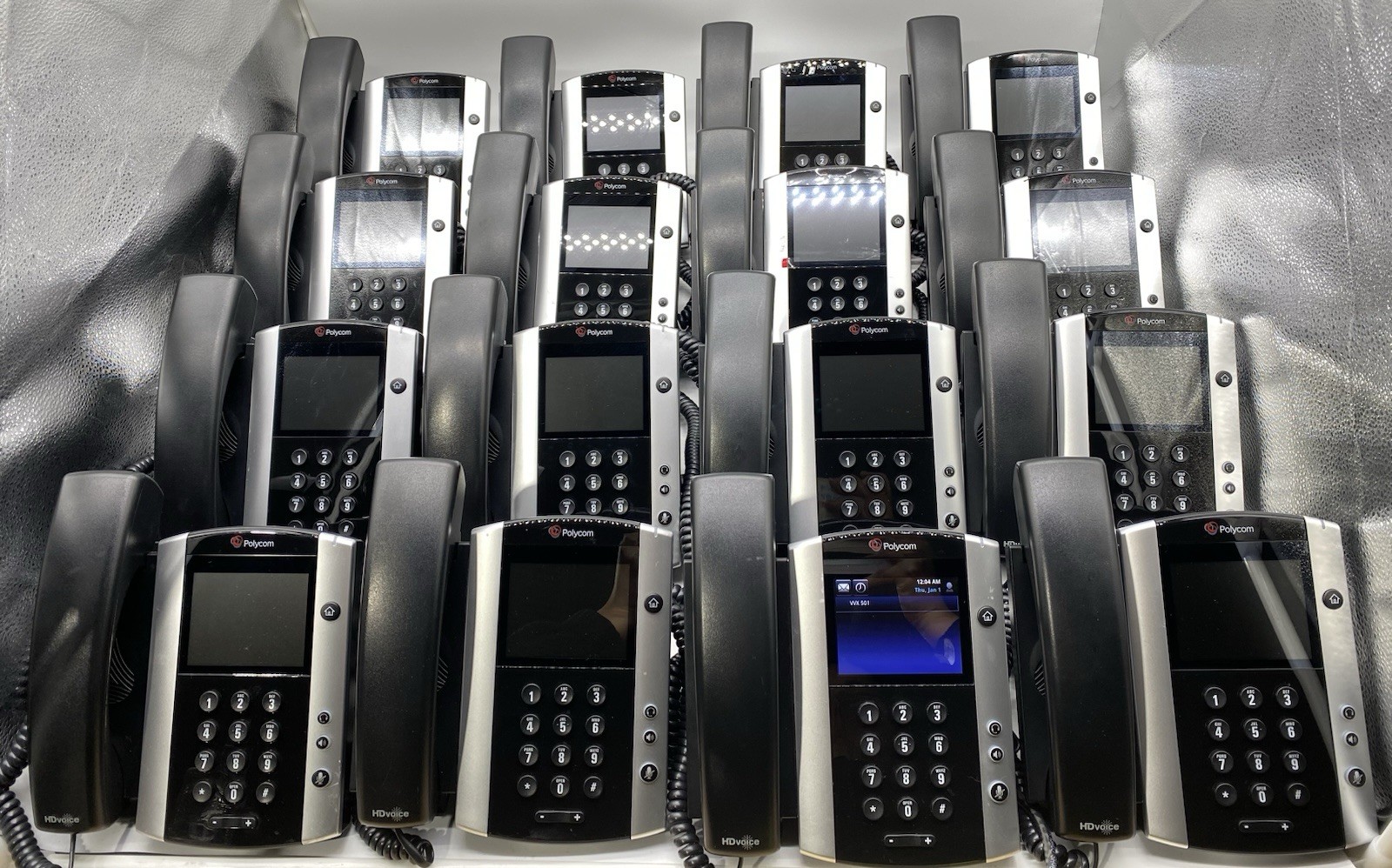 LOT OF (16) Polycom VVX 501 VoIP Touchscreen Phones With Handsets & Stands