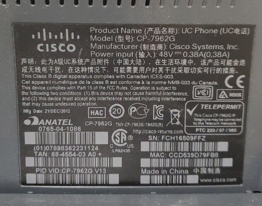 Cisco CP-7962G 7962G 6 Line SCCP VoIP PoE Phone Stand HandSet NO POWER CORD INCL