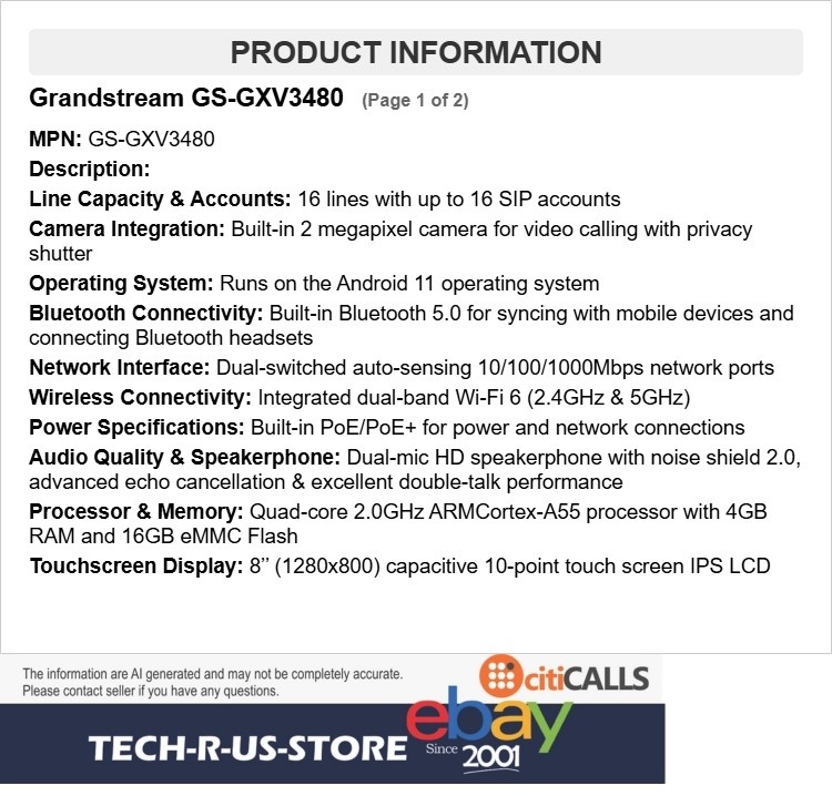 Grandstream GS-GXV3480 Android 11 Smart IP Video Phone 8″ Touchscreen 16 lines