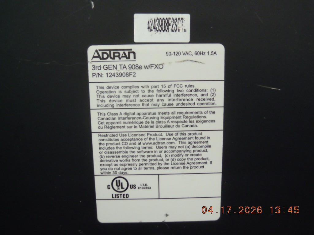 1243908F2 Adtran TA 908e w/ FXO 3rd GEN VOIP SIP Gateway | 4243908F2SCTL *Testd