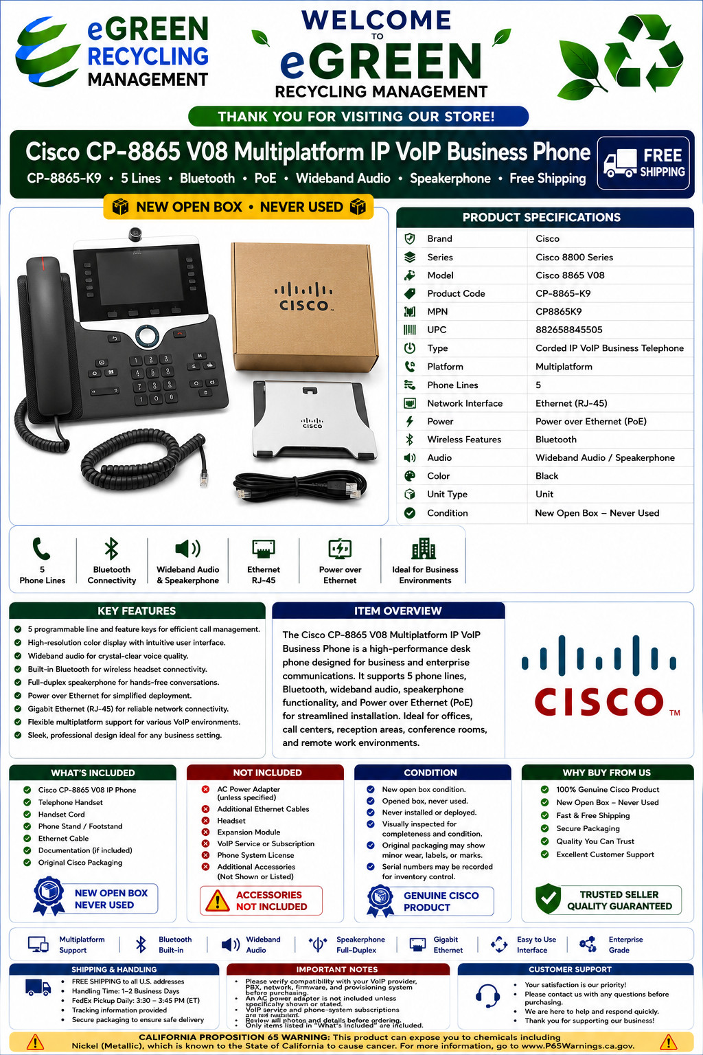 Cisco CP-8865 V08 Multiplatform IP VoIP Business Phone CP-8865-K9 New Open Box