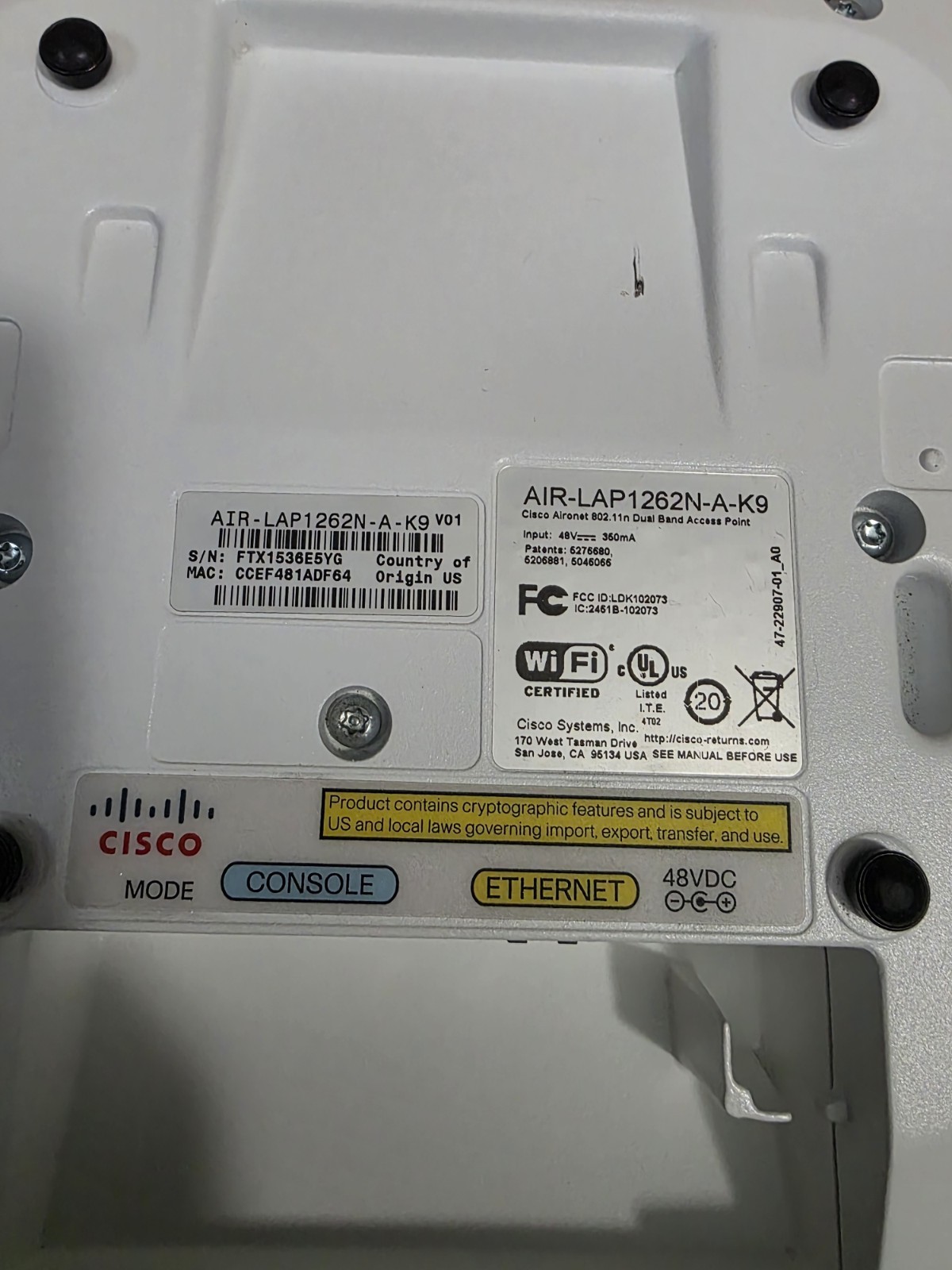 Cisco Aironet AIR-LAP1262N-A-K9 802.11n Access Point – With Antennas – Untested