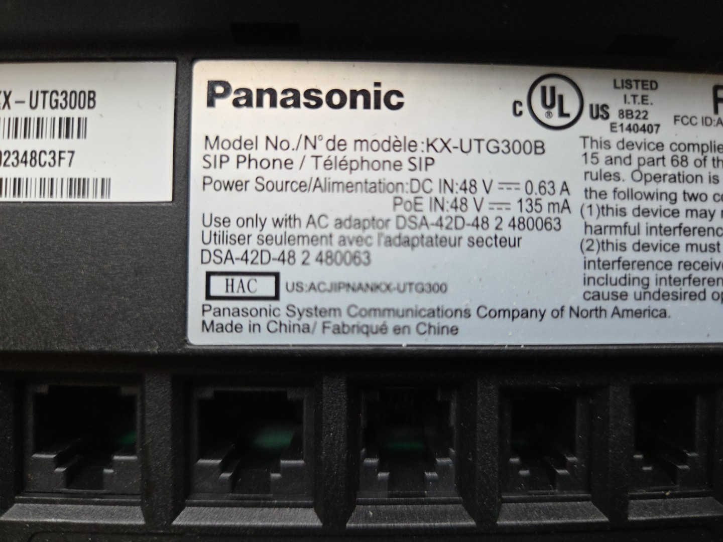 Panasonic KX-UTG300B Touchscreen Color Display SIP Telephone w/ Power Supply