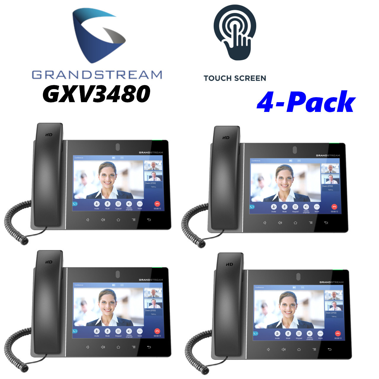 4 Pack Grandstream GXV3480 8″ LCD Touchscreen Deskphone w/ 2MP Camera Android 11