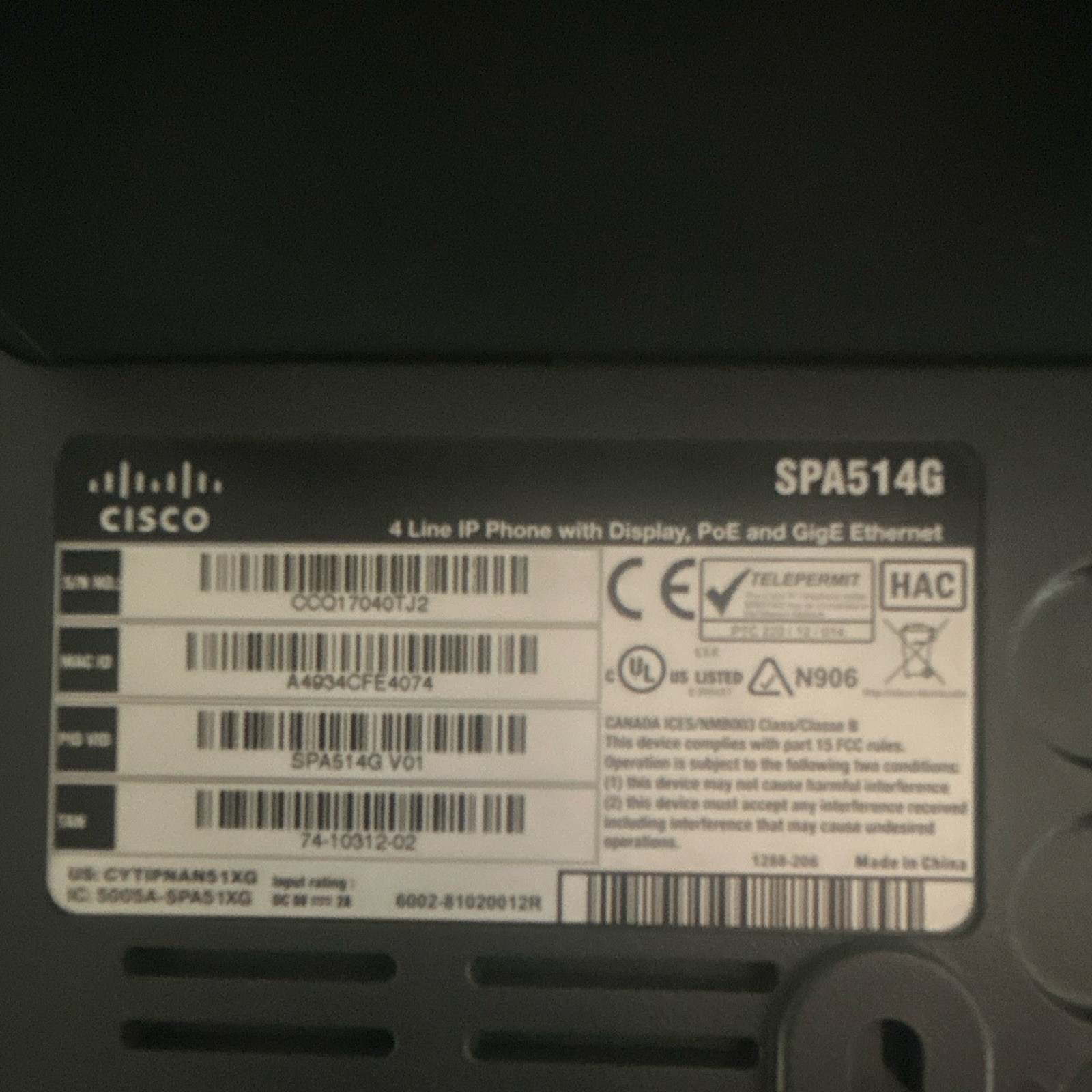 Cisco SPA514G 4-Line IP Phone PoE GigE Ethernet RJ-45 Gray/Black Lot