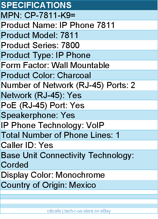 Cisco CP-7811-K9= 7811 IP Phone – Corded – Wall Mountable – Charcoal