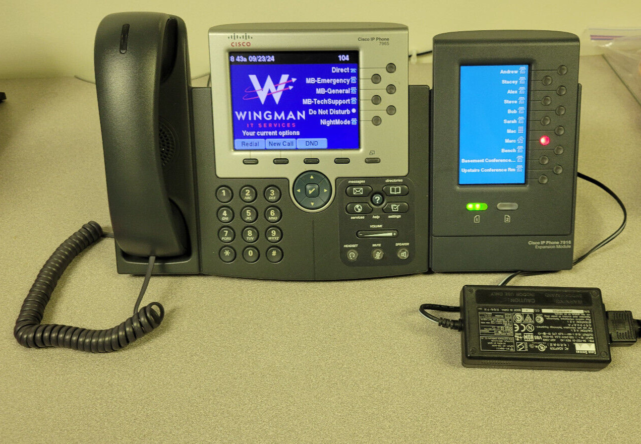 Cisco CP-7965G IP Phone with CP-7916 Expansion Module, stand, & power brick