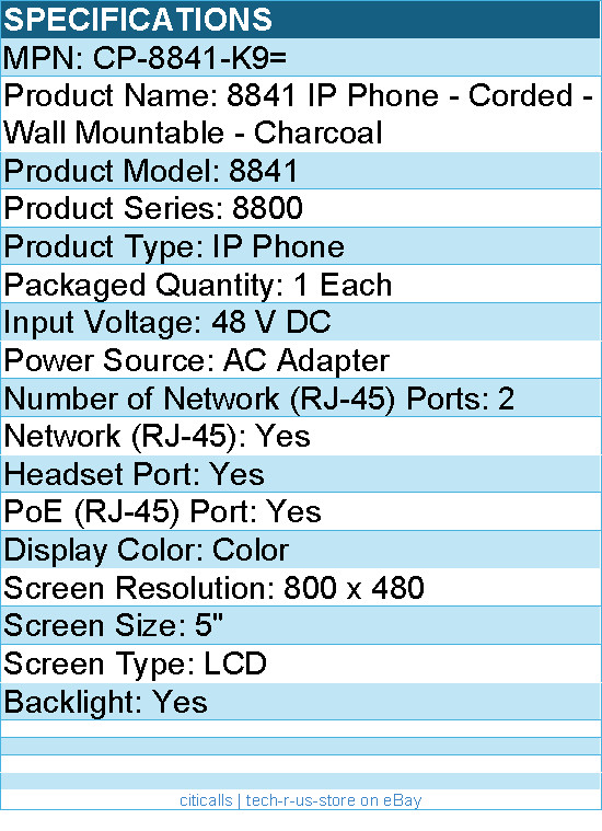 Cisco CP-8841-K9= 8841 IP Phone – Corded – Wall Mountable – Charcoal