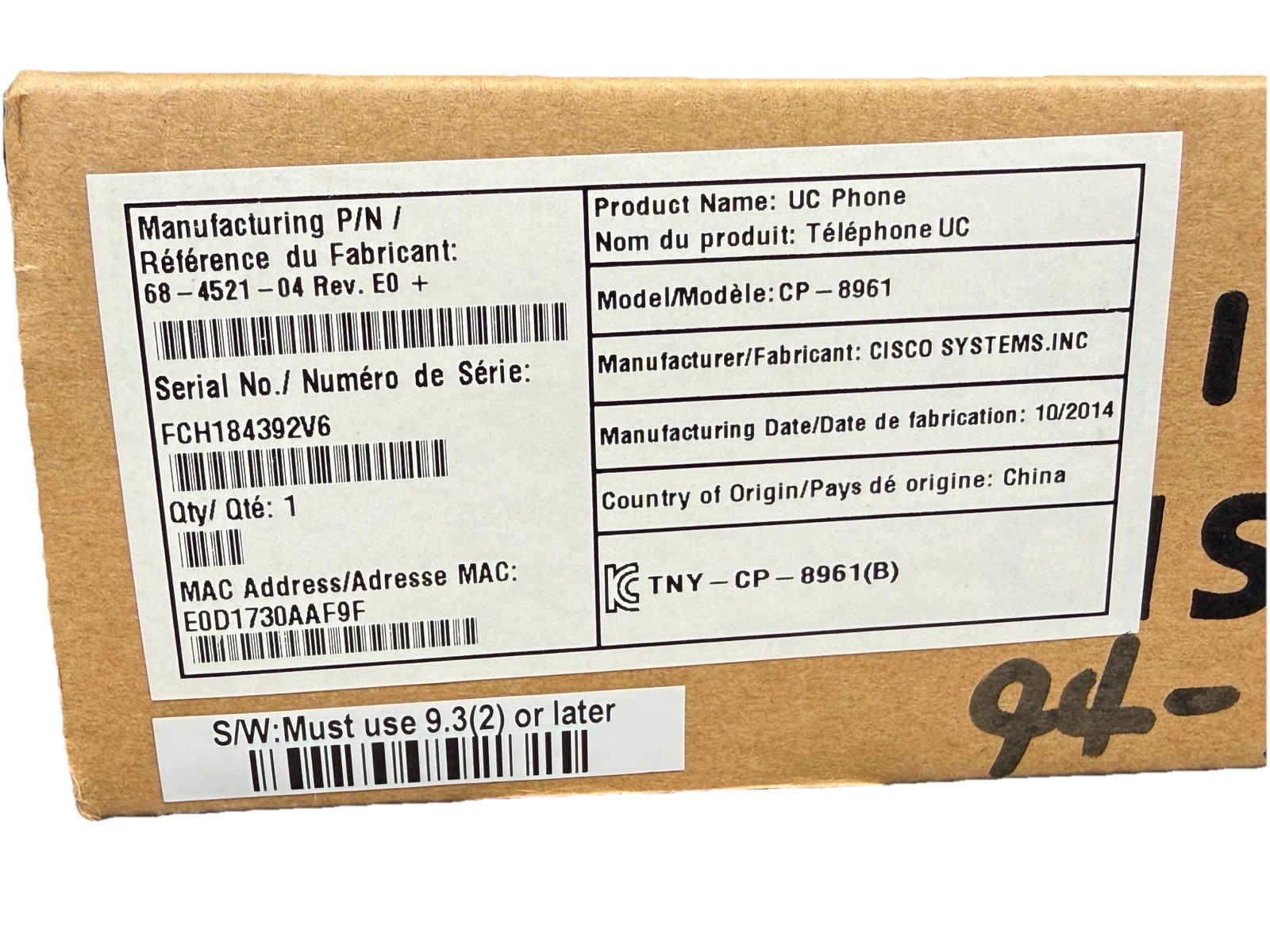 Lot of 2 – Cisco 8961 Gigabit IP Phones CP-8961-C-K9