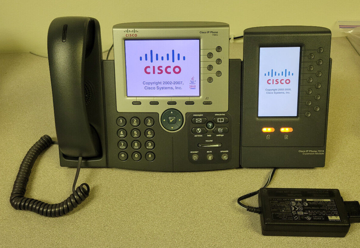 Cisco CP-7965G IP Phone with CP-7916 Expansion Module, stand, & power brick