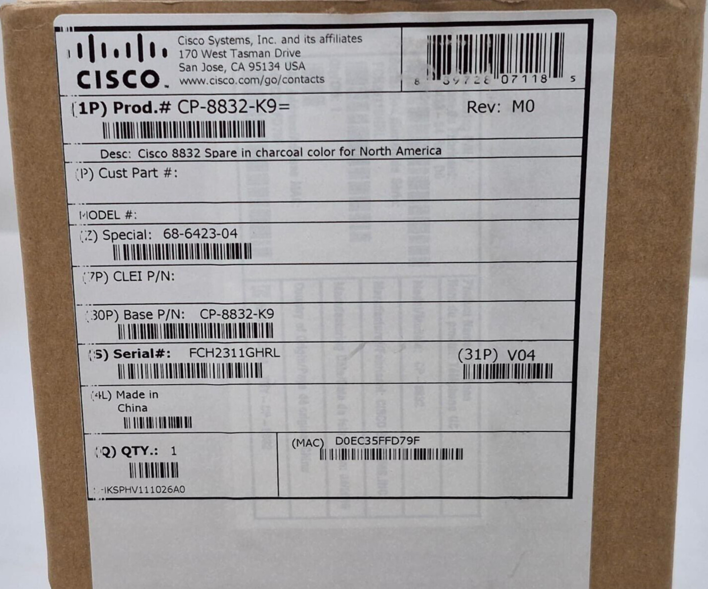 Cisco CP-8832-K9 V04 IP Conference Phone – No Power Adapter